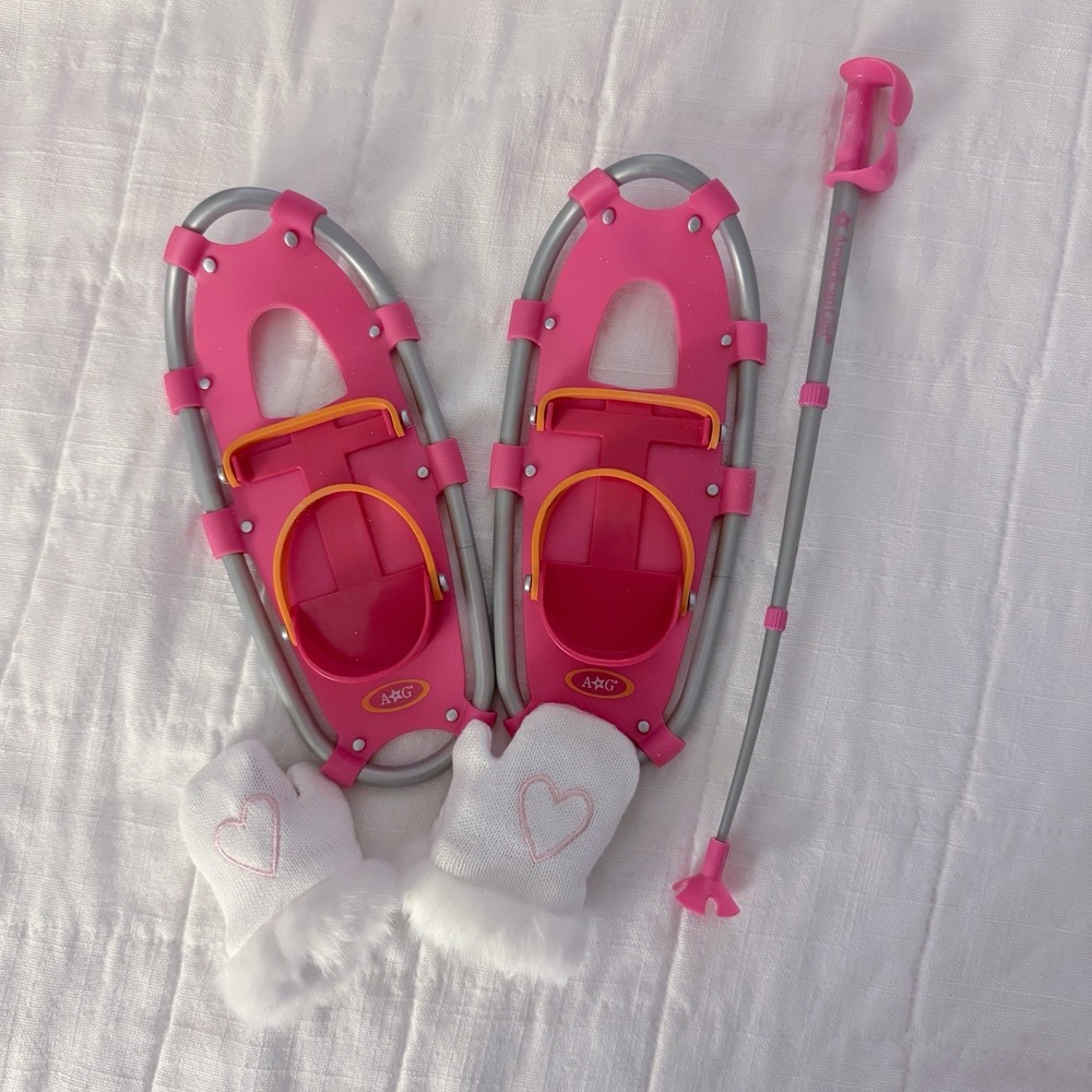 American girl doll pink snowshoe set with poles and mittens